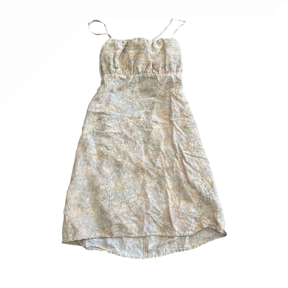 HM Women Beige Floral Linen Blend Tie Back Mini Dress Medium
